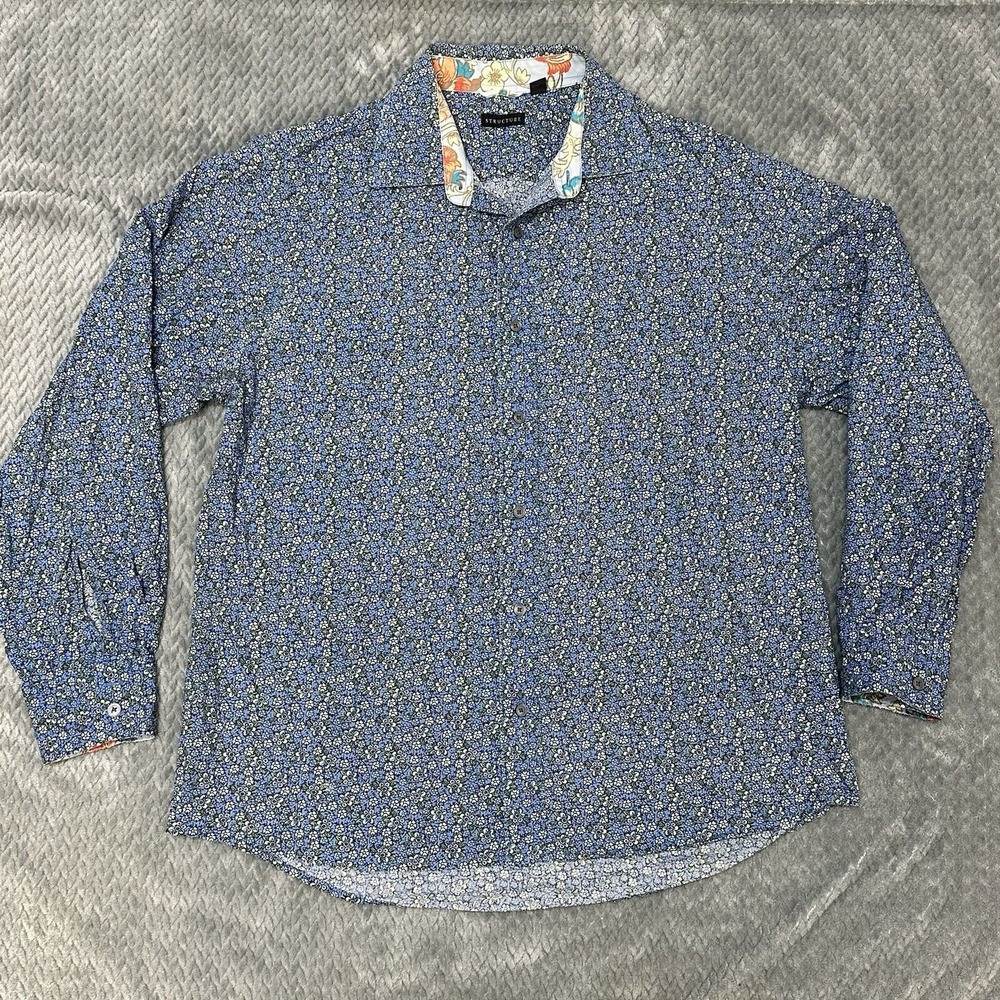 Structure Shirt Mens XL Button‎ Up Dress Floral All Over Print Flip Cuff Easter